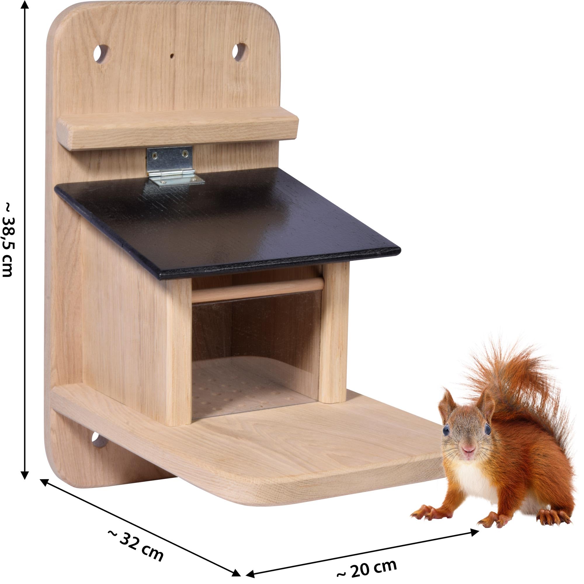 dobar® 22241e "Premium Eichhörnchenfutterstation Groß - Eichhörnchen Futterhaus Massivholz Eiche - Mit Schutzklappe - Futterstelle für Eichhörnchen Nüsse/Kerne/Früchte - 32 x20 x 38,5 cm - Schwarz