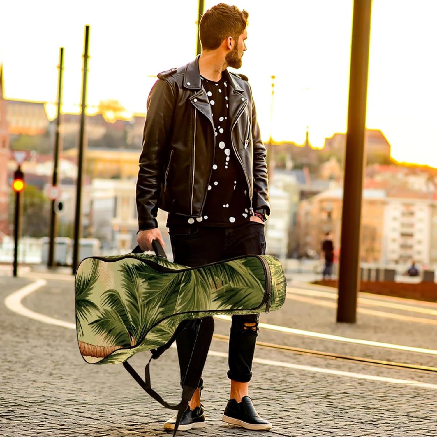 40 41 42 Inch Guitar Bags, Waterproof Padded Acoustic Guitar Case Backpack with Adjustable Shoulder Strap & Pockets, Tropical Palm Trees