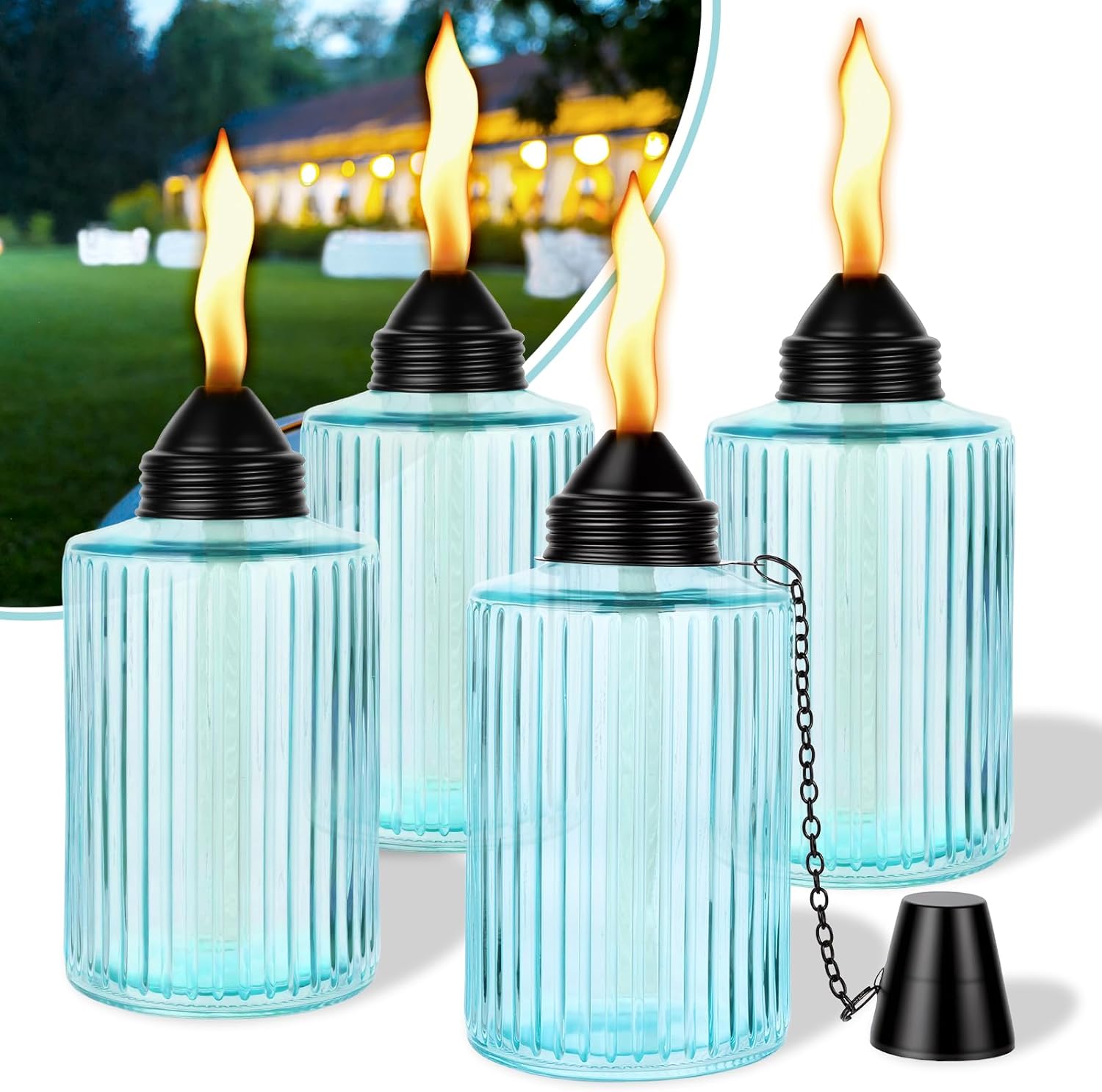 4 Pack Glass Table Torches, Torch Canister Citronella Refillable Tabletop Torch for Outside with Wick and Snuffer Cap, Outdoor Flame Lanterns for Garden Yard Patio Party Decor (Blue,12oz)