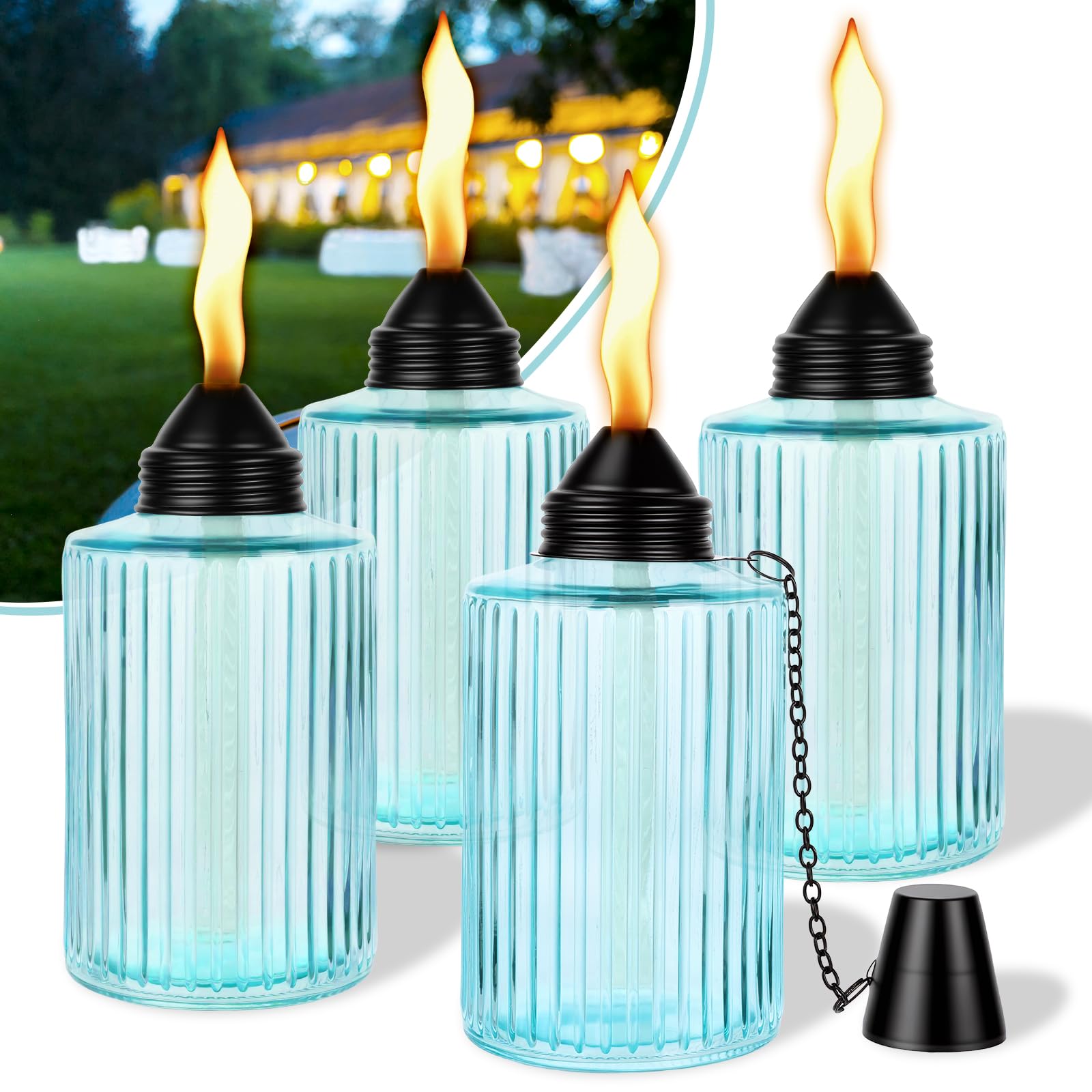 Antorchas de mesa de cristal de 12 onzas, paquete de 4 unidades, linterna de mesa recargable de citronela para exterior con mecha y tapa apagadora, linternas de llama al aire libre para jardín, patio