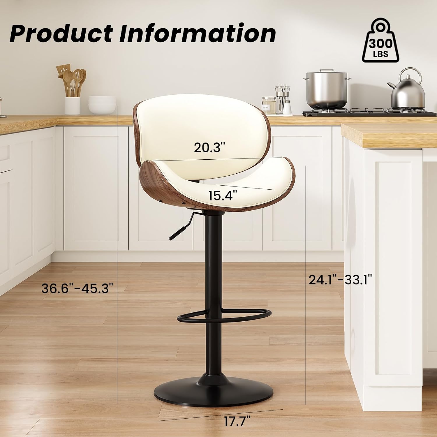 STARY Swivel Bar Stools Set of 2 Adjustable Height Bentwood Barstools with PU Leather Upholstered Seat, Backrest and Footrest,Modern Kitchen Counter Chairs for Bar
