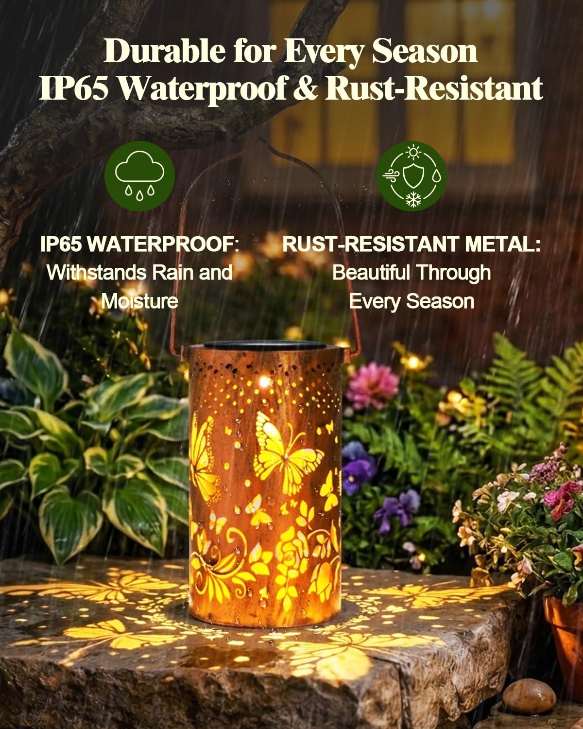 Paquete de 4 linternas solares colgantes para exteriores, 4 mariposas con decoración de metal, linterna LED impermeable para jardín