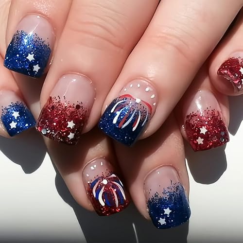 24Pcs 4th of July Press on Nails short rounded Fake