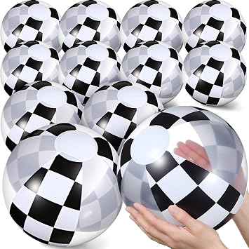 12 Pieces Inflatable Beach Ball Set - 8 inch Race Car Checkered Print Beach Balls for Theme Game Party Supplies Summer Pool Games Birthday Fun Party Favors