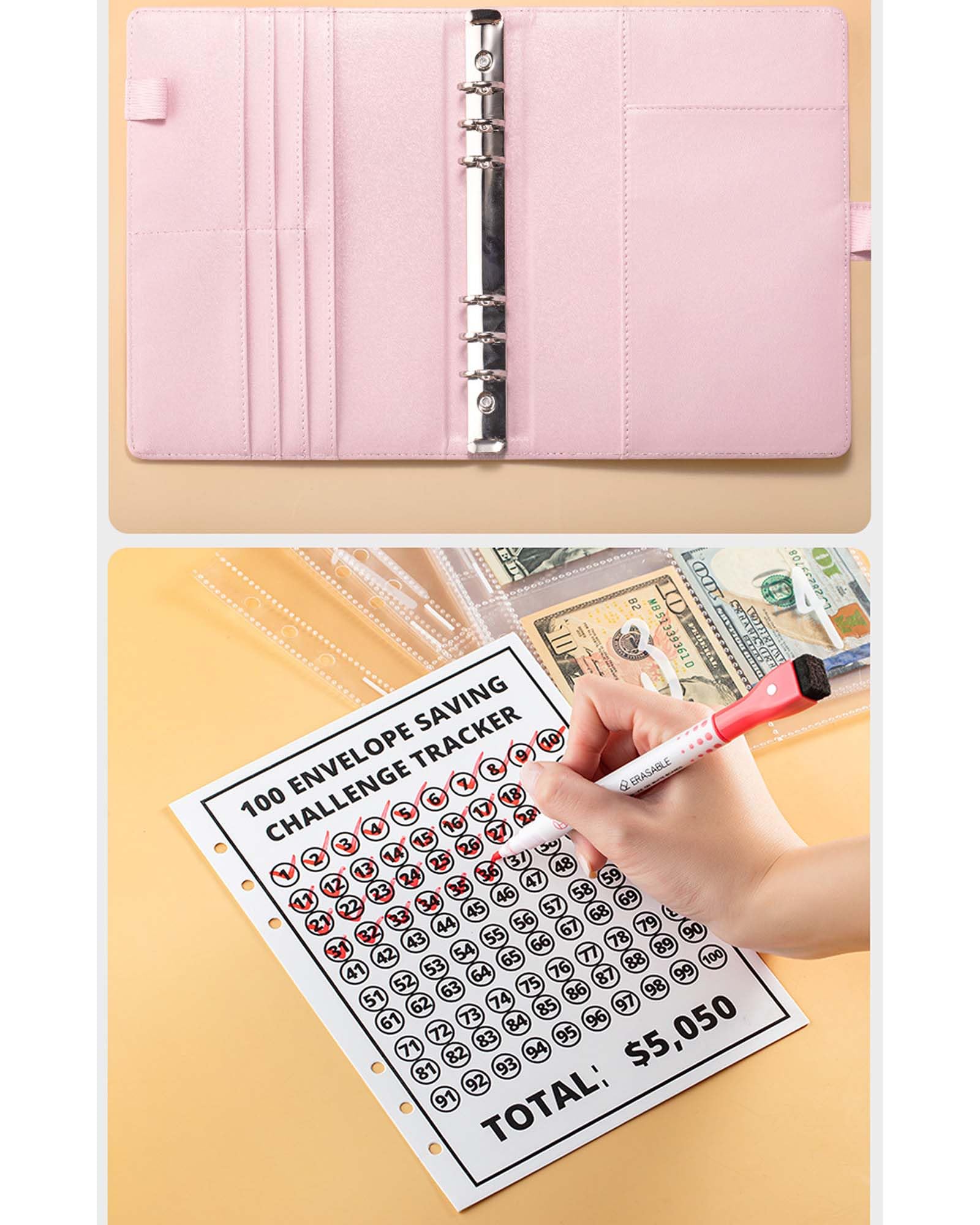 JEJA Budget Planner 5,050 euro Fogli di Bilancio Etichette Adesive Penne Cancellabili Rosa