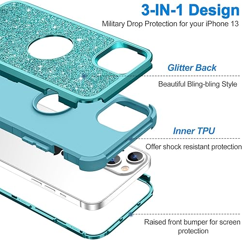 Miniatura 3 de Hython Funda para iPhone 13 con purpurina, bonita funda brillante brillante, resistente 3 en 1, híbrida de policarbonato duro suave, TPU suave,