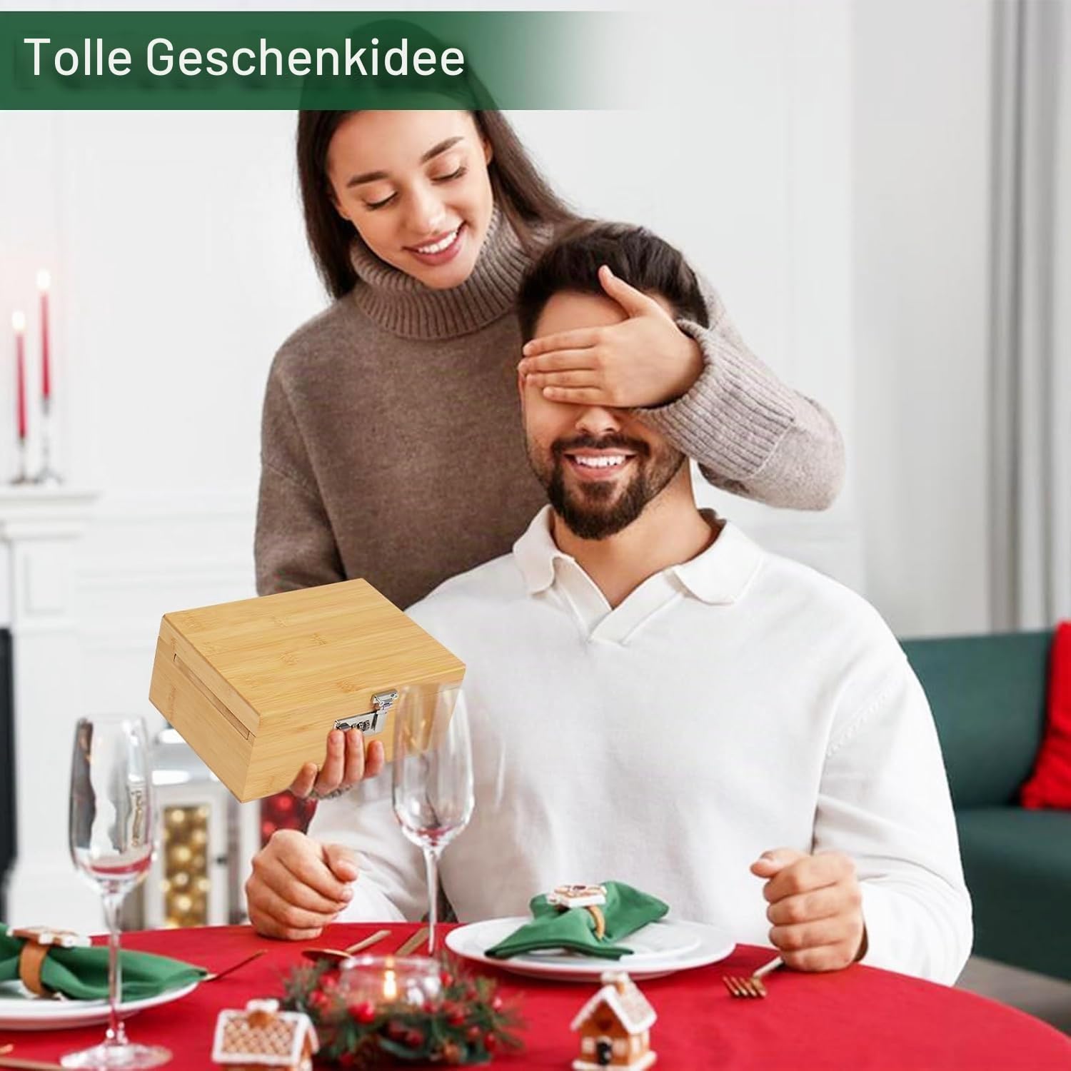 Großes Bambus Box Tablett Set Mit Zahlenschloss,Premium Herausnehmbares Tablett, Und Alles Zubehör(27 * 18 * 15 cm Primärfarbe)