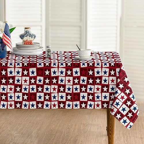 Horaldaily 4th of July Tablecloth 60×84 Inch Rectangular, Independence Day Memorial Day Star Cubes Red Patriotic Washable Seasonal Table Cover for Party Picnic Dinner Decor