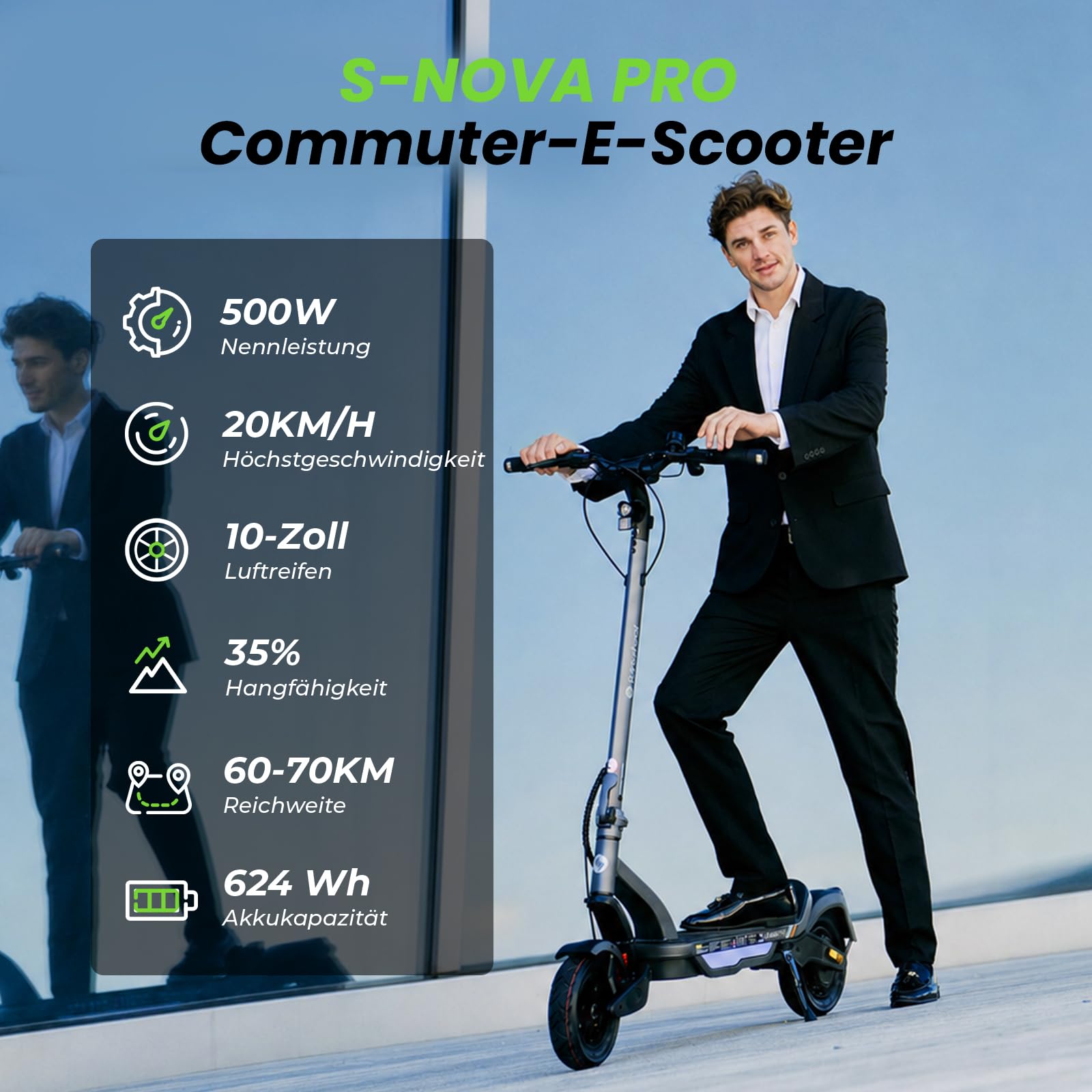 isinwheel S-Nova Pro E Scooter mit Straßenzulassung, Bis 70km Reichweite 500W Motor, Federung & Luftreifen für maximalen Fahrkomfort, Klappbar City E-Roller für Pendler