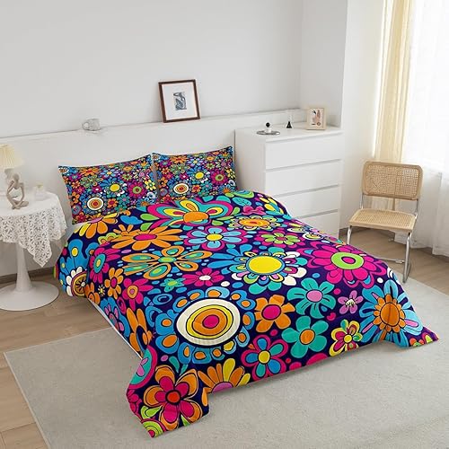 Miniatura 2 de Feelyou Juego de edredón de flores hippie retro, tamaño individual, 60S y 70S, Groovy edredón para adolescentes, dibujos animados, vintage, bohemio,
