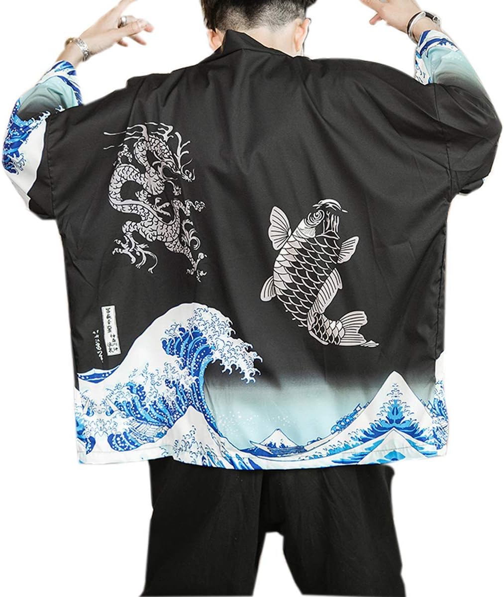 PRIJOUHE Men's Kimono Cardigan Jacket Japanese Style Flying Crane Seven Sleeves Open Front Coat - Image 5