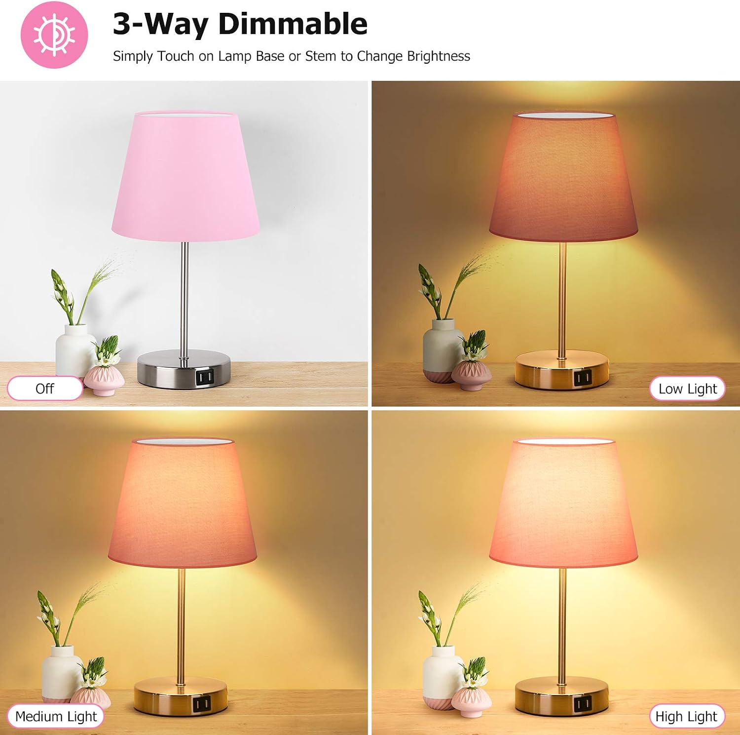 Touch Control Table Lamp with 2 USB Ports and AC Power Outlet, 3 Way Dimmable Modern Bedside Nightstand Lamp with Pink Fabric Shade & Satin Nickle Base for Bedroom Living Room Office LED Bulb Included