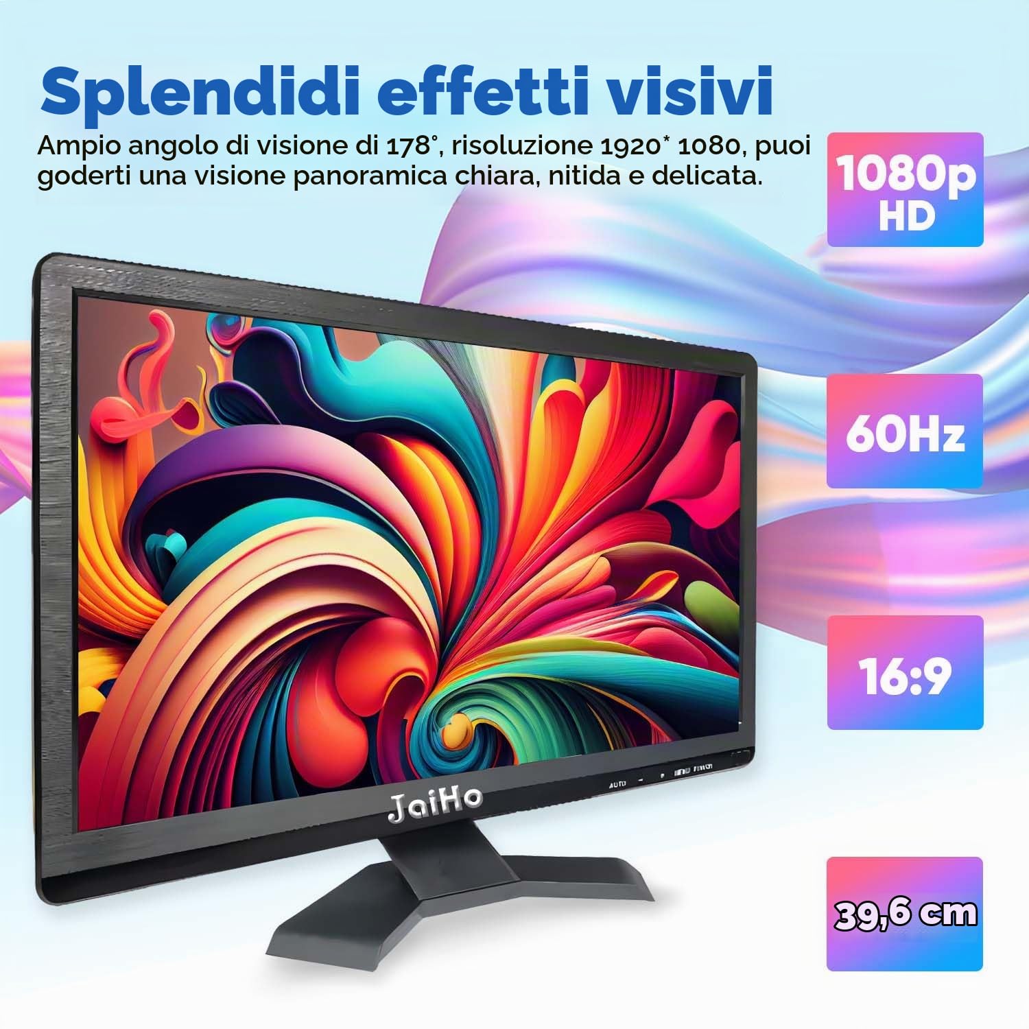 JaiHo Monitor 15.6 Pollici 1080P LED Schermo (1920x1080) - Monitor Desktop FHD 1080p 60Hz, Incorporato Altoparlanti, per PC, CCTV, Telecamera di sicurezza, Nero