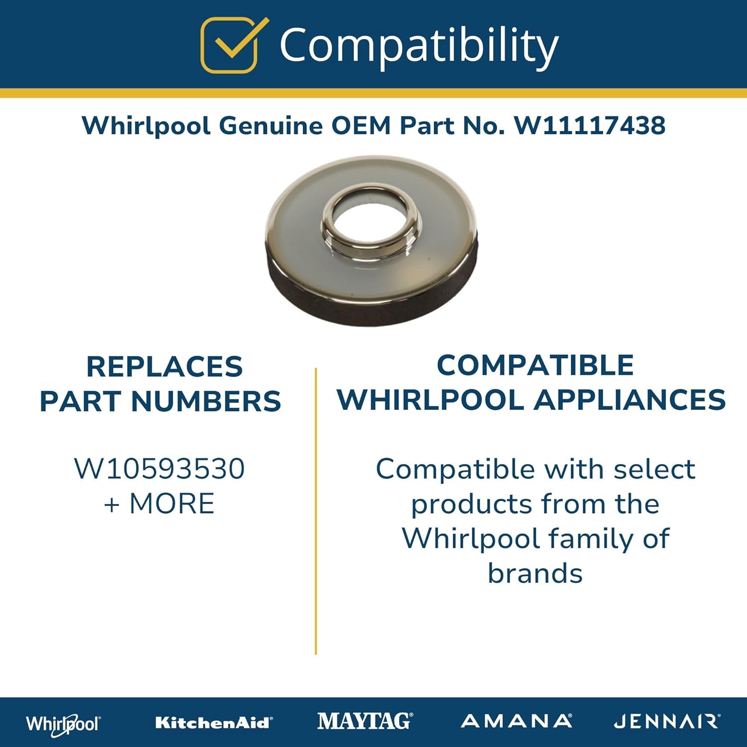Whirlpool W11117438 Genuine OEM Electric Range Cooktop Knob Bezel Replacement Part - Replaces W10593530