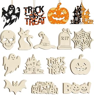 36PCS Wooden Halloween Ornaments to Paint Fall Decorations, 12 Styles DIY Blank Autumn Unfinished Wood Skull Pumpkin Ghost Bat Boo Trick or Treat Halloween Cutouts Ornament for Crafts Party Hanging