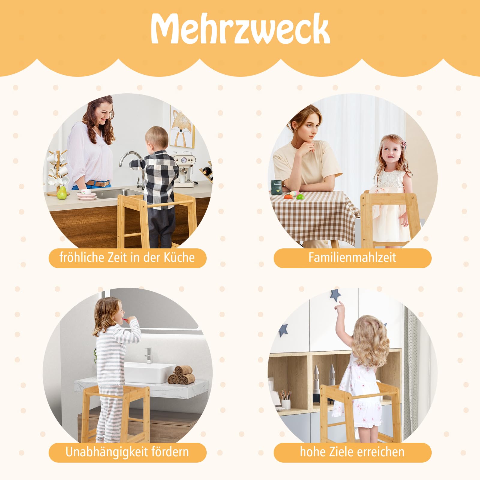 COSTWAY Wieża edukacyjna dla dzieci z bambusa, taboret do stąpania Montessori z 4 regulowanymi wysokościami i balustradami bezpieczeństwa, drabinka do obciążenia do 70 kg, stołek dla dzieci od 1 roku