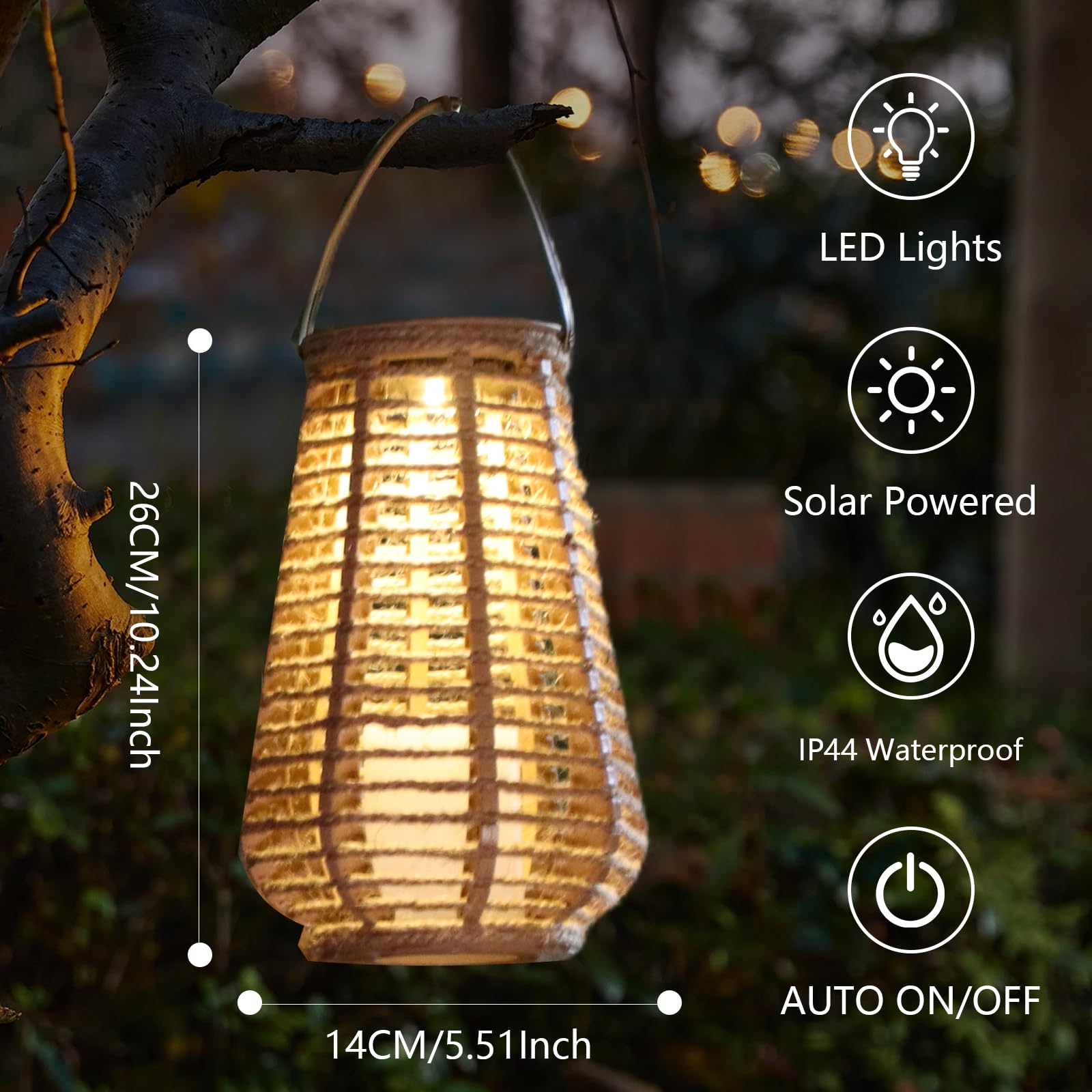 Lanterne solari per esterni, confezione da 2 luci da esterno in corda di canapa naturale intrecciata, con accensione e spegnimento automatico, nessuna installazione richiesta, decorazione da giardino