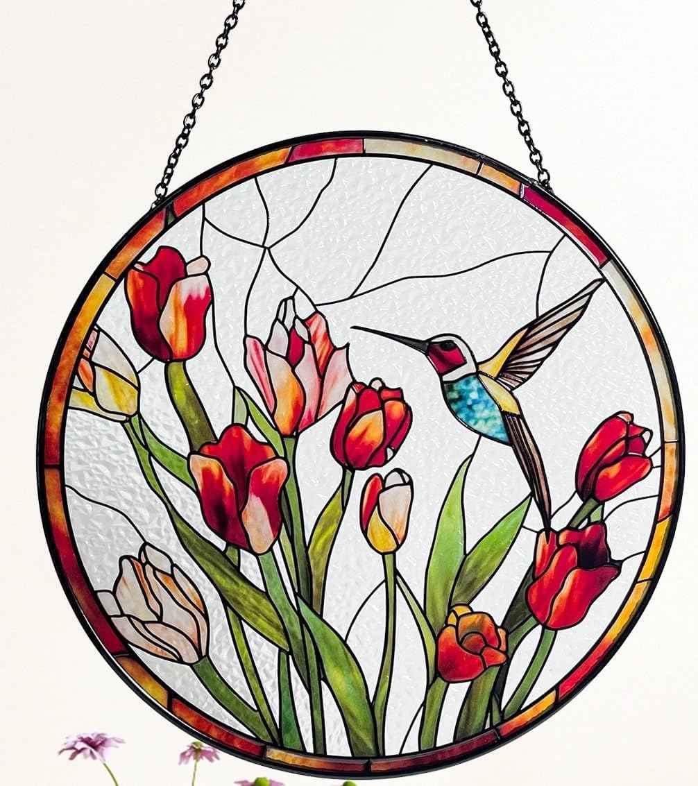 Hummingbird and Tulips Stained Glass Suncatcher - Handcrafted Real Glass Window Hanging for Home, Garden, and Patio Decor - Round Decorative Art Gift
