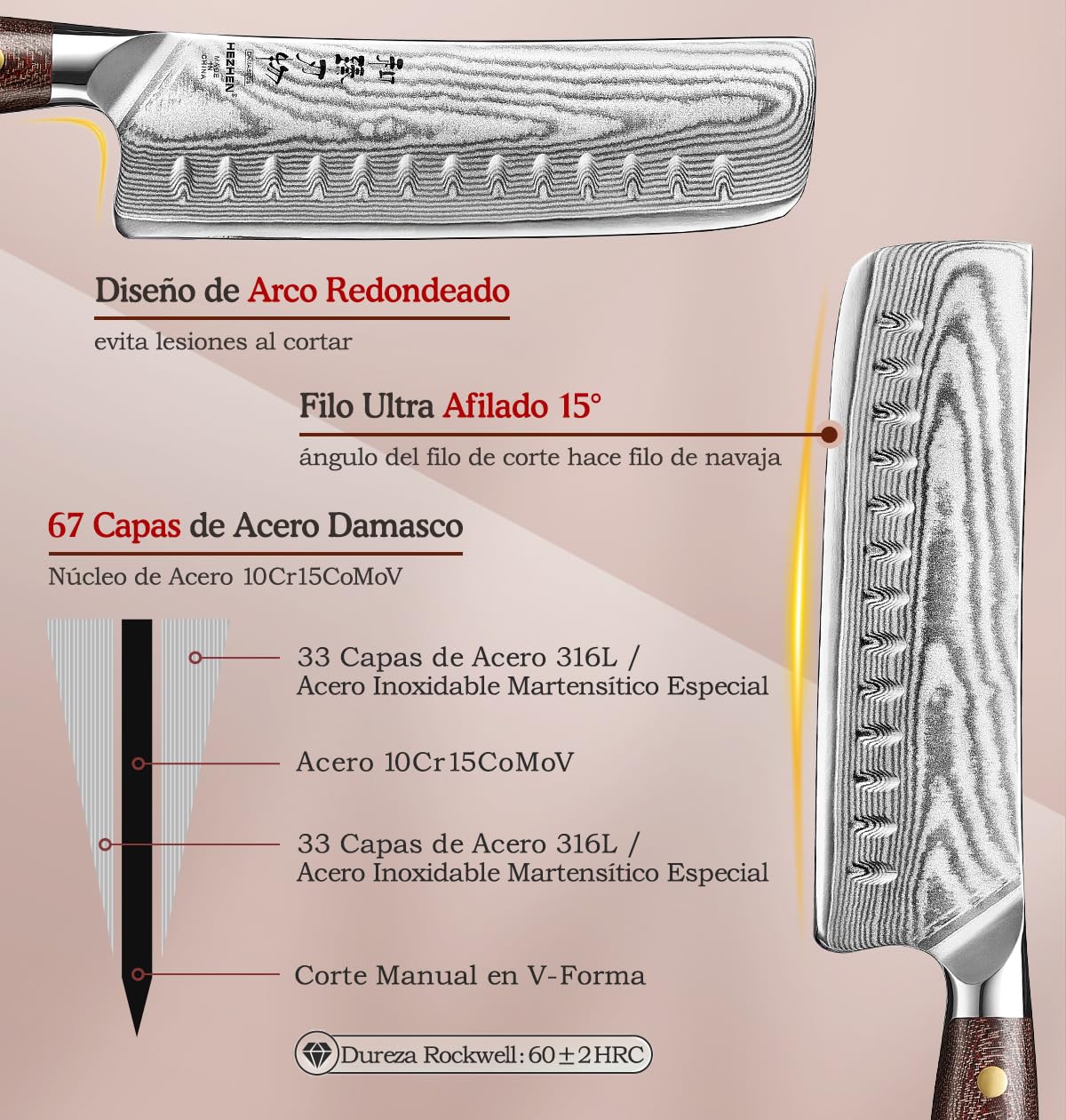 HEZHEN Damasco Cuchillo Nakiri, Estilo Japonés Cuchillos de Cocinero, Multiusos Cuchillo Chef Asiático Para Rebanar Carne Cortar Verduras, Mango de Micarta