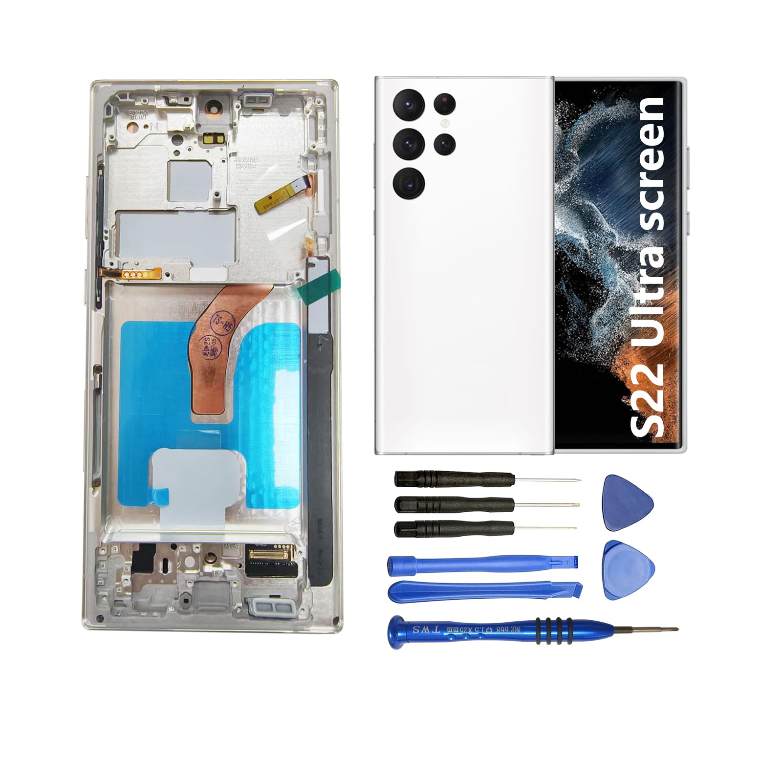 Screen Replacement for Samsung Galaxy S22 Ultra 5G S908E S908E/DS S908U S908W S908B/DS 6.8 Inch with Frame and Back Cover Display Touch Digitizer Assembly (White)