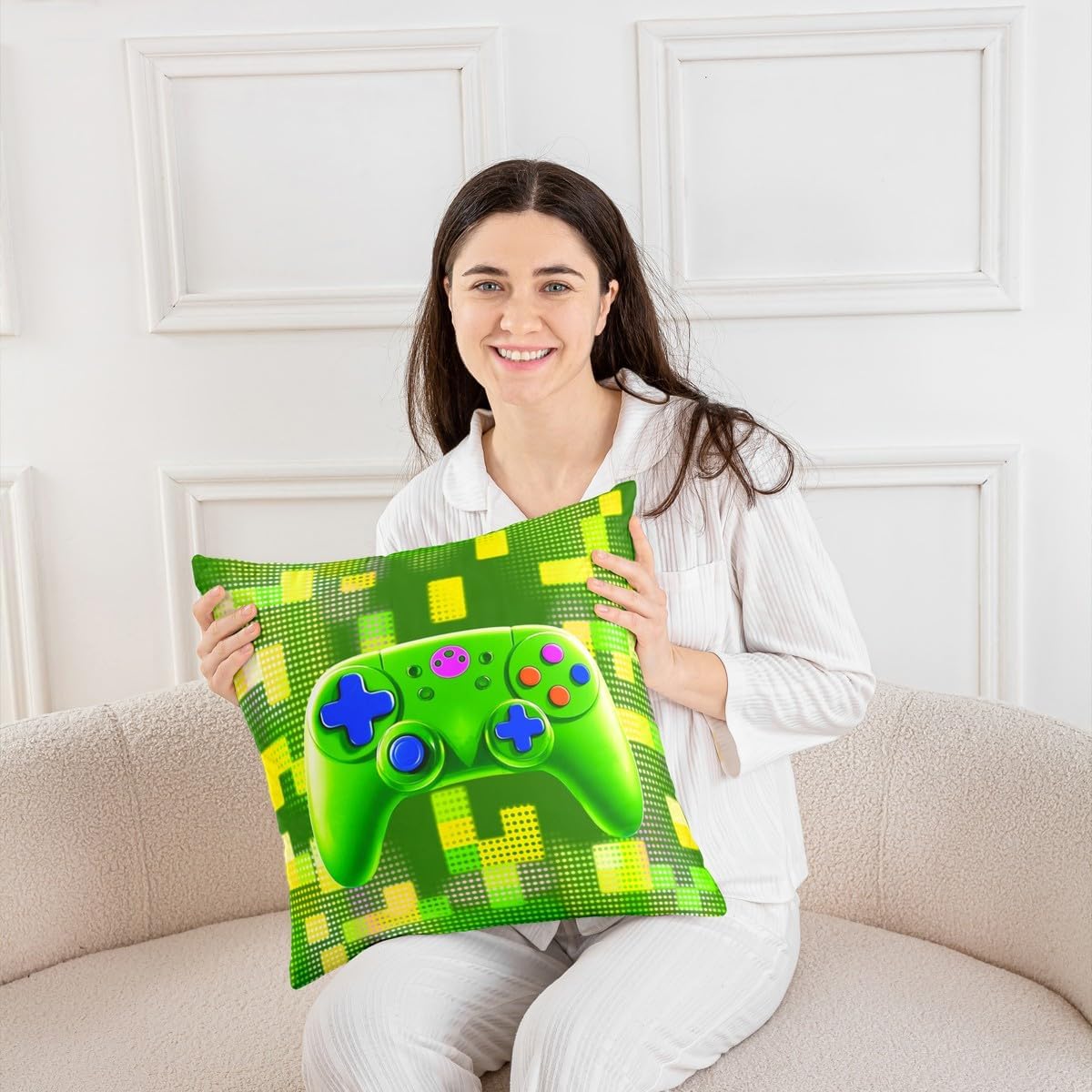 Gamer Gamepad Kids Throw Pillow Cover,Video Game Console Modern Fashion Double Sides Pillow Case,Geometric Building Block Gaming Green Bed Couch Sofa Cushion Cover,4 Pack 16"x16" image 5