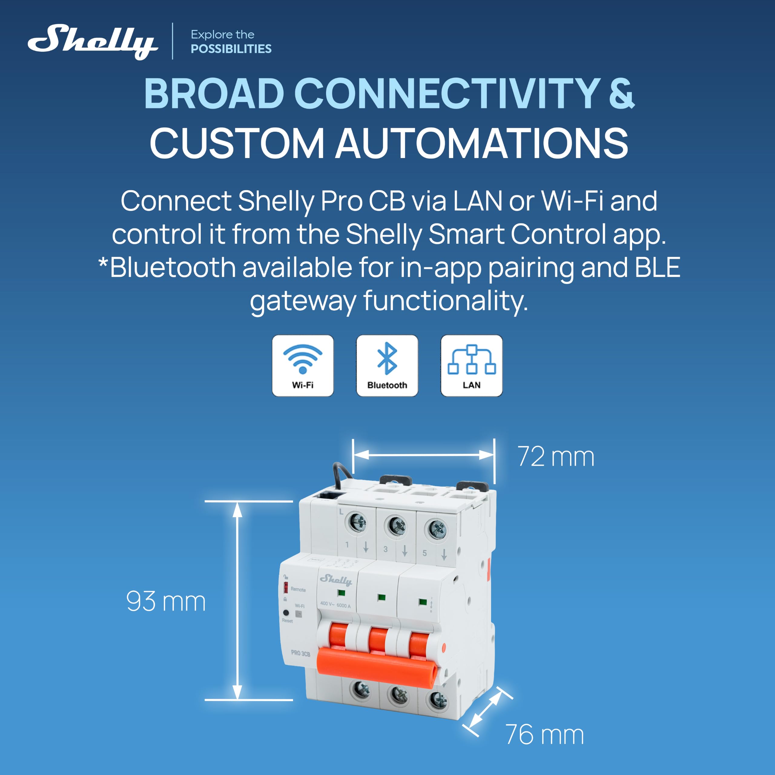 Shelly Pro 3CB C16A - Disyuntor Inteligente WiFi 3 Polos 16 A, Monitorización de Voltaje, Protección Sobretensión y Cortocircuito, Desconexión Remota, Control por App, Voz y Plataforma, Carril DIN