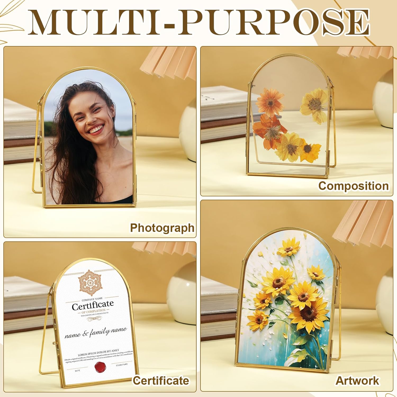 Vicenpal 4 Pcs 4 x 6 Inch Double Glass Frame for Pressed Flowers Vintage Metal Gold Floating Picture Frames Minimal Vertical Arched Photo Stand for Desk Tabletop Display(Gold)