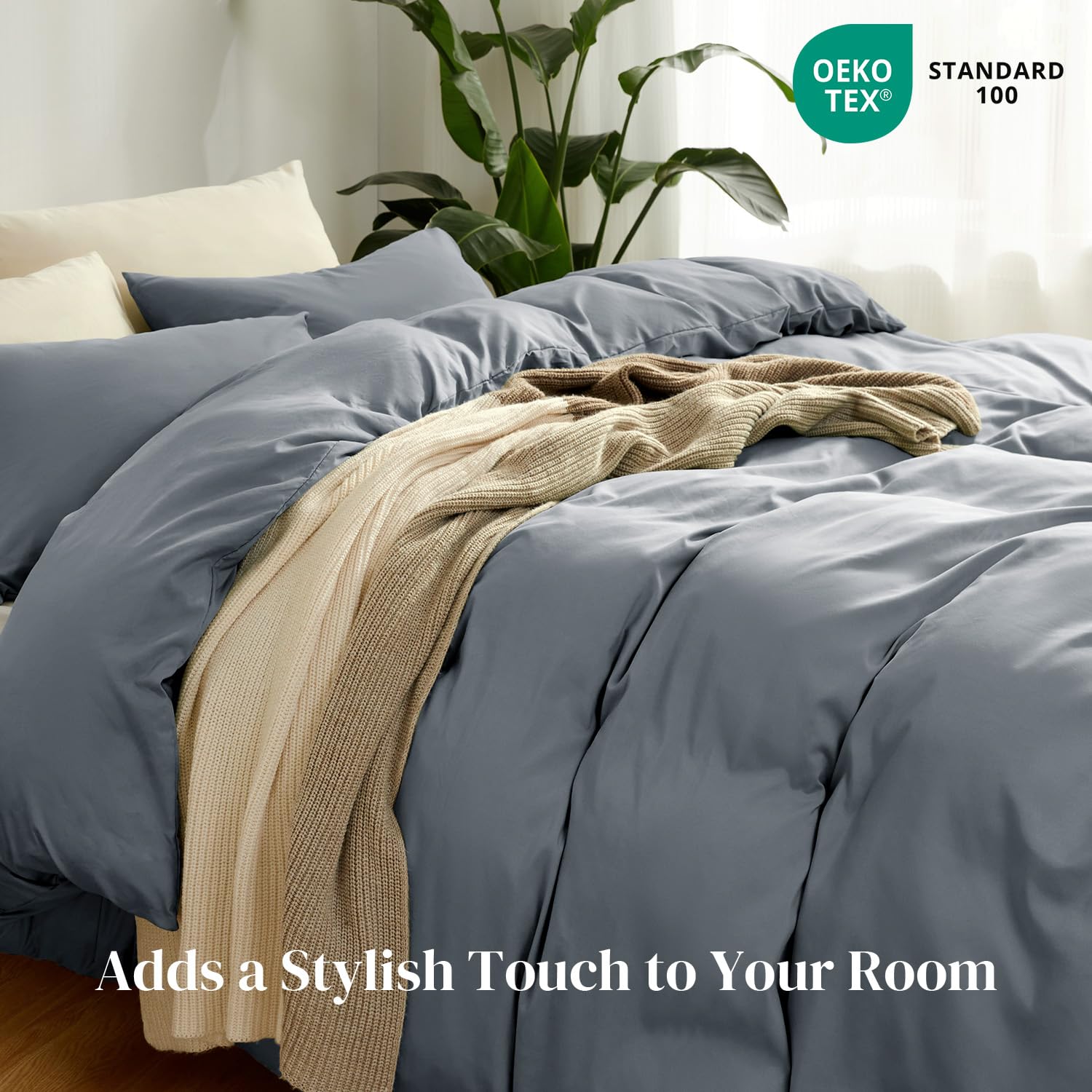 puredown 2PCS Copripiumino Singolo 135x200cm+ 2PCS Federe in Microfibra 40x80cm, Set di Copripiumino Monocromatica per Letto Singolo, Traspirante, Morbida, Oeko-Tex, Grigio
