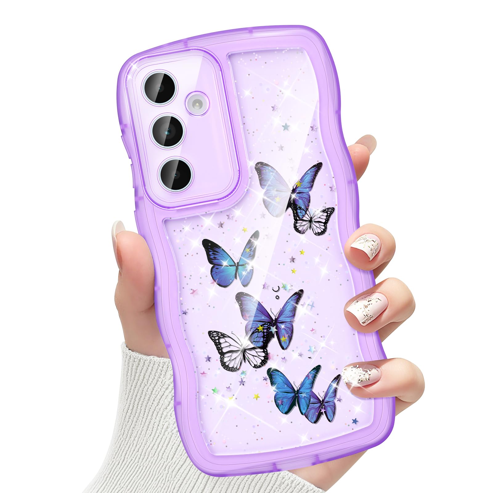 CASBST for Galaxy A35 5G Phone Case for Women Girls, Cute Curly Wave Frame with Bling Glitter Butterfly Pattern, Full Camera Protection, Slim TPU