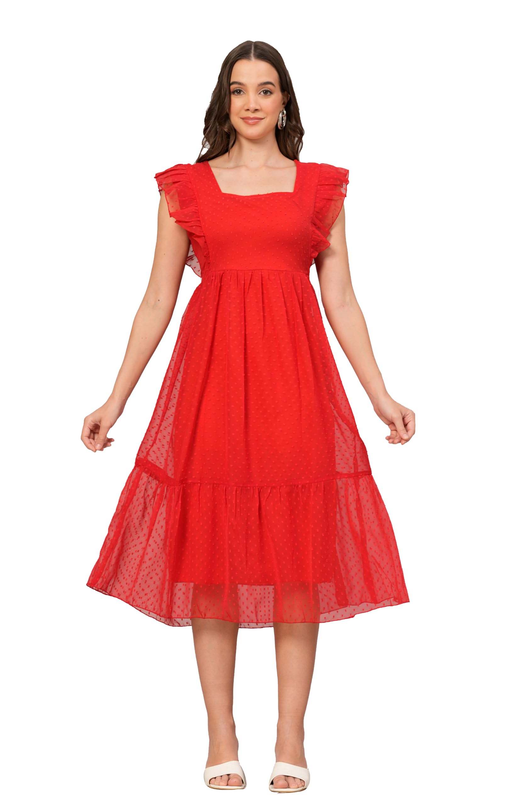 Women Wine Color Georgette Fabric Flared Dress_222-image-5