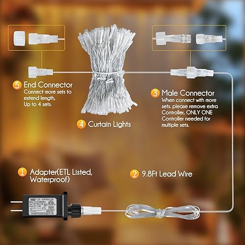 Miniatura 6 de Cortina de luces para ventana, con intensidad regulable, control remoto, varios modos de iluminación, guías de luces con temporizador para