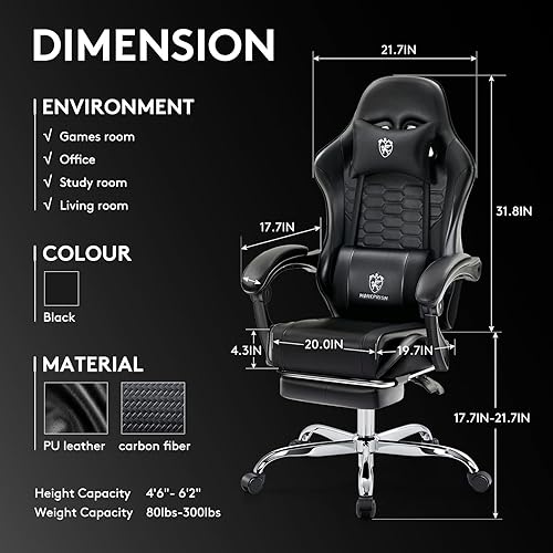 Miniatura 21 de Silla Gaming, Silla de Oficina para Computadora con Reposapiés, Soporte Lumbar de Masaje y Almohadilla de Gel, Silla Ergonómica Reclinable Ajustable