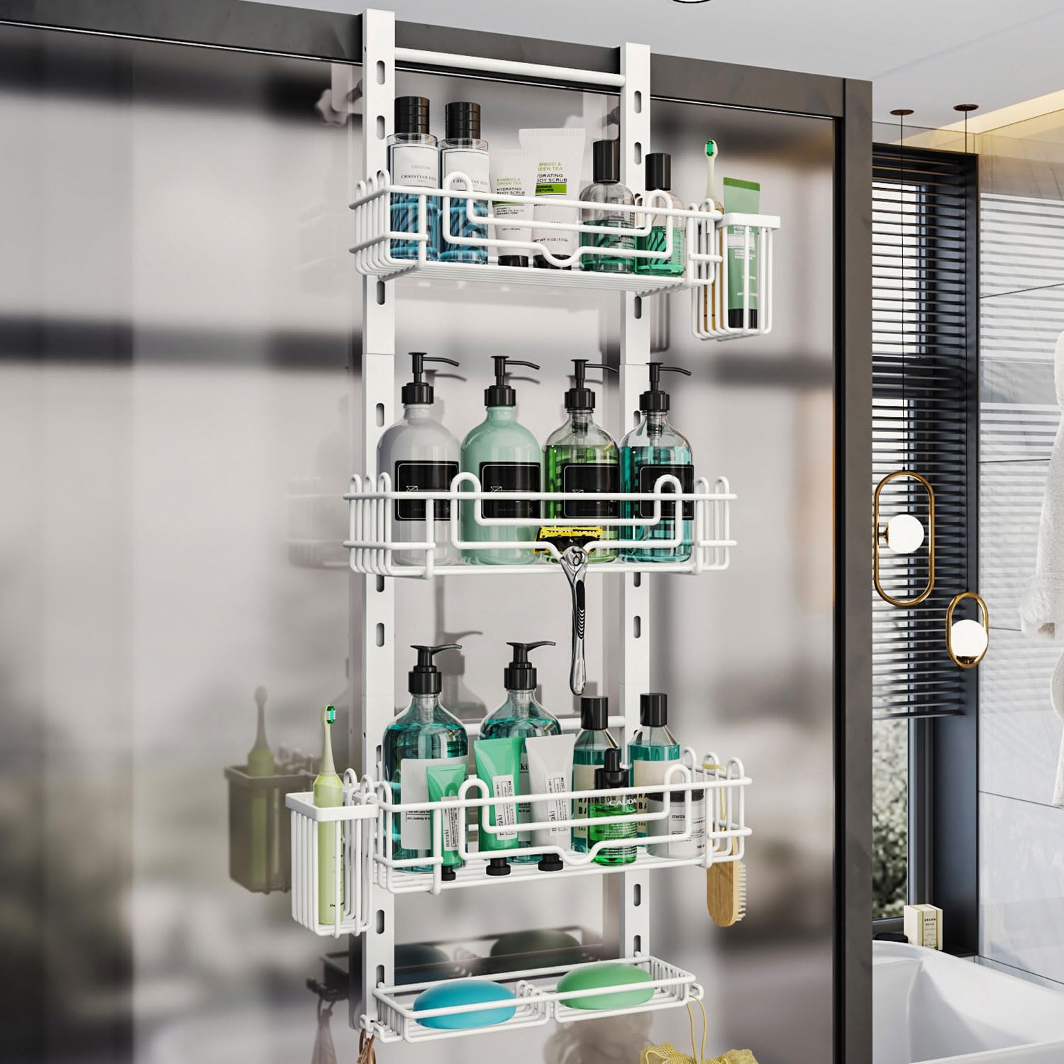 Photo 1 of HapiRm 4 Tier Over the Door Shower Caddy, Hanging Shower Caddy with 22 Hooks and 2 Toothbrush Holders, No Drilling Adjustable Hanging Bathroom Organizer - White