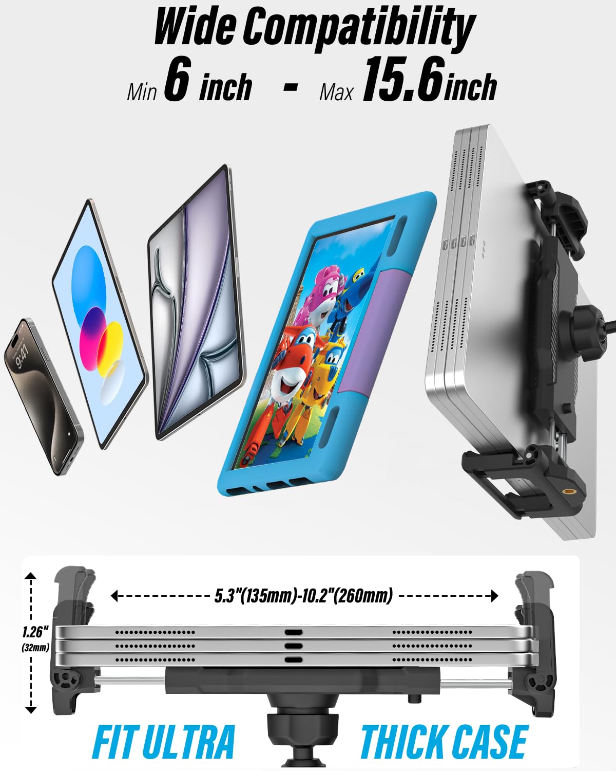 Supporto per tablet da cucina – [braccio regolabile in metallo] supporto per tablet da scrivania da letto con morsetto grande profondità 3,2 cm per iPad Pro 13 Air Mini, Galaxy, Fire, Switch, iPhone,