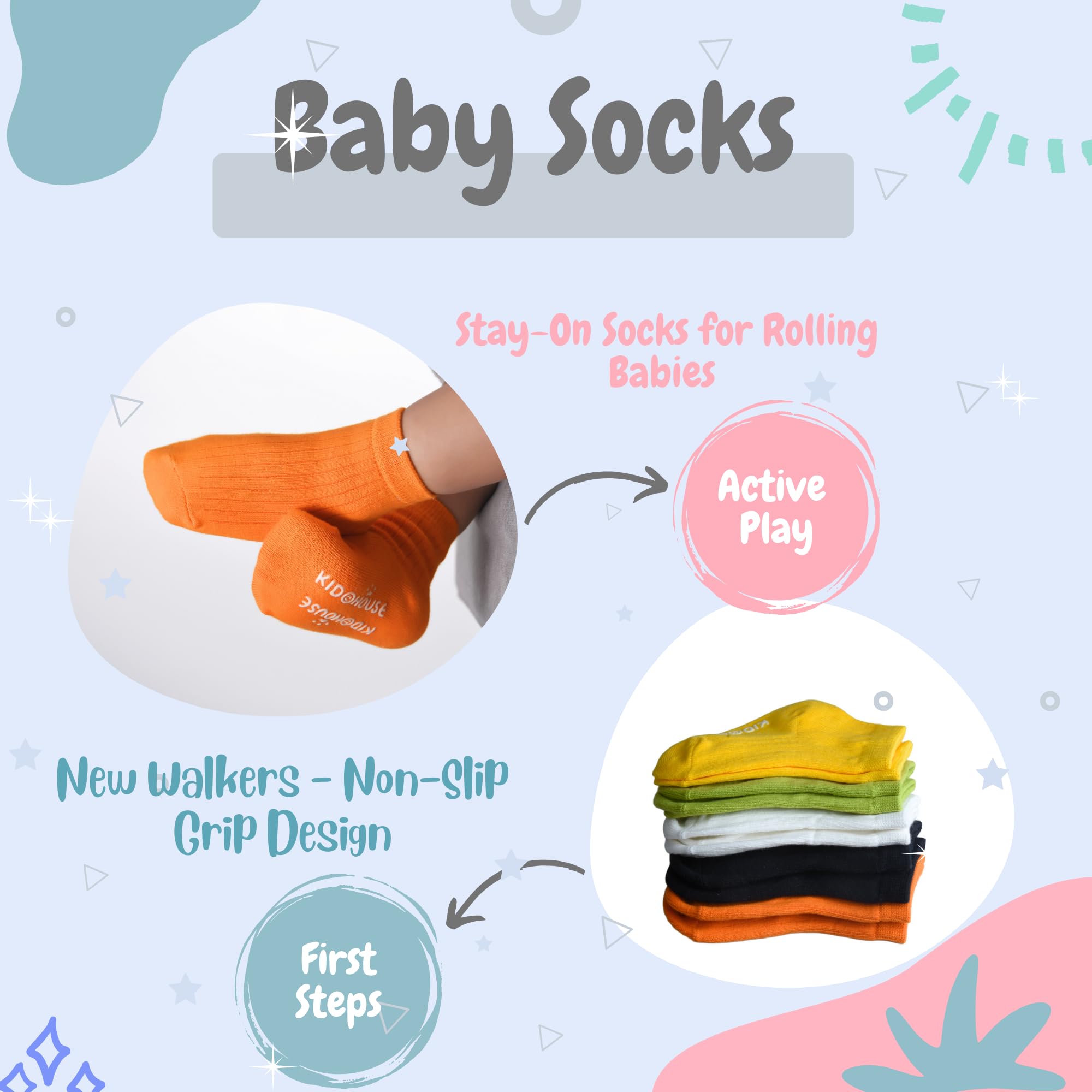 UMELOK Baby Socks Non-Slip Grips 5-Pack (0-12 M) - Mixed Bright Colors Cotton Ankle Socks for Boys Girls | Essential Nursery Soft First Walkers