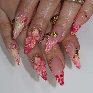 30 Stück Press on Nails Mandel Rosa, 3D Blumen Design, Mittlere Mandelform, Komplettes Set für Heim-Maniküre mit Klebefolie, Feile und Holzstab