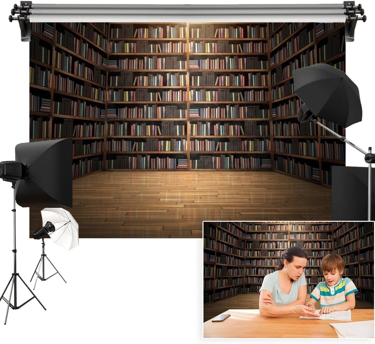 10x8ft Bookshelf Backdrop Vintage Wooden Bookshelve Library School Collection Classic Books Minimalist Photography Background Birthday Conference Graduation Studio Photo Props Polyester