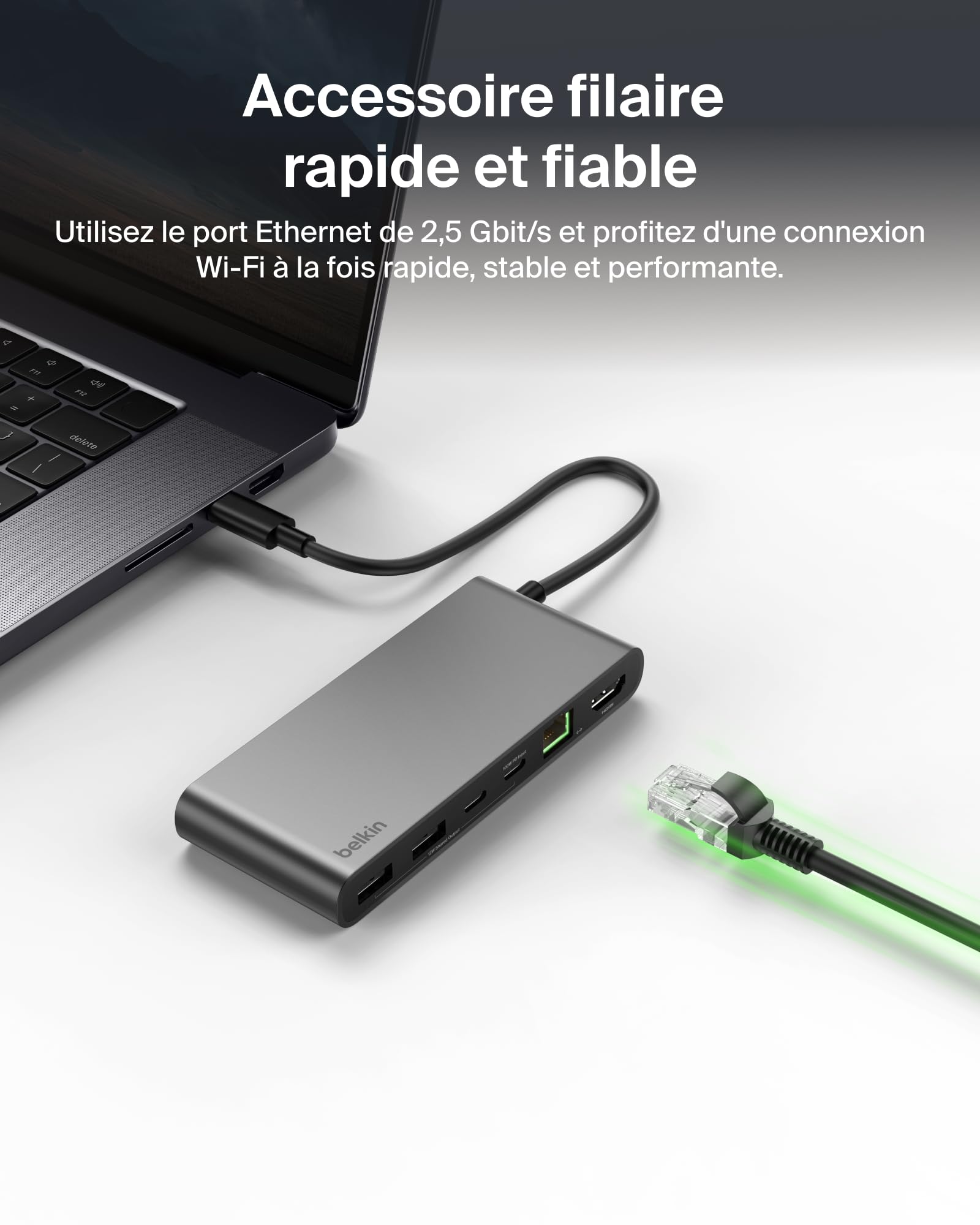 Belkin Connect Hub USB C 8-en-1, Prise en Charge De La Résolution 4K à 60 Hz, Fonctionne avec Mac, Windows, Chromebook, PD de 100 W, Transfert De Données De 10 Gbit/s, Ethernet De 2,5 Gbit/s - Gris