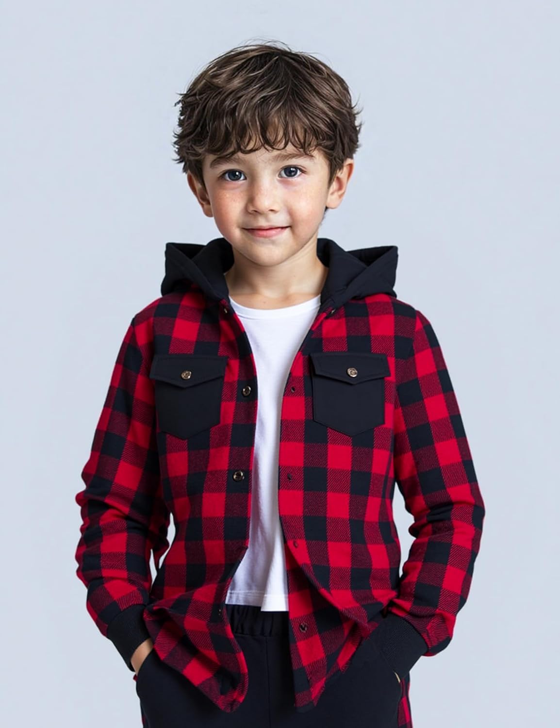 Toddler Boy Clothes Plaid Hooded Shirt White T-shirt Top and Solid Color Pants 3Pcs Winter Boys Clothes - Image 2
