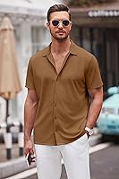 Vista 59 de COOFANDY Camisa casual con botones para hombre, manga corta, sin arrugas, camisa de verano