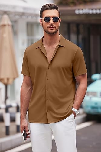 Miniatura 59 de COOFANDY Camisa casual con botones para hombre, manga corta, sin arrugas, camisa de verano