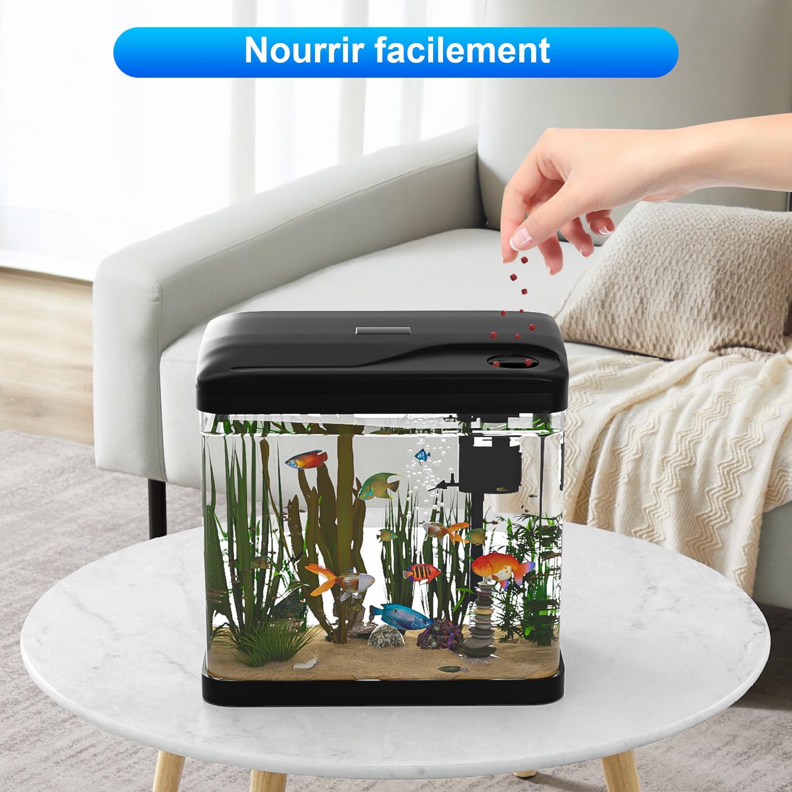 Aquarium Complet 15L,Aquarium en Verre,Aquariums Poisson Rouge,avec Système de Filtration,Couvercle et lumières LED, Pompe à Eau,pour Poissons Combattants, Poissons Rouges, Noir