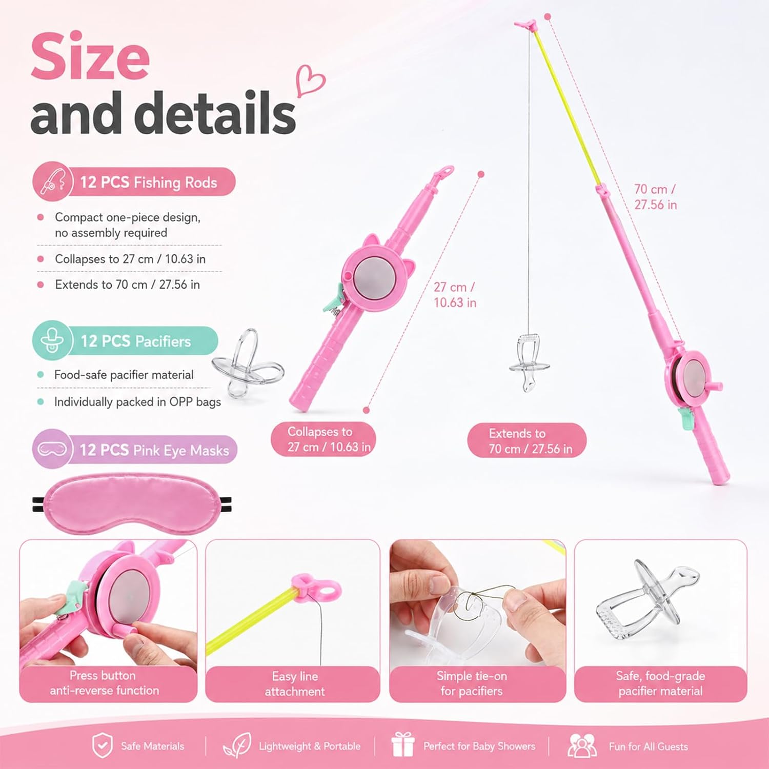 12 Set Pink Baby Shower Games Fishing The Pacifiers, Stylish