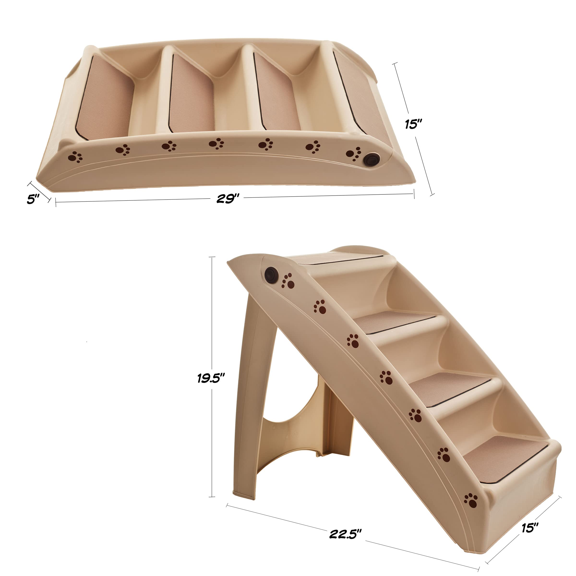 PETMAKER Folding Plastic Pet Stairs Durable Indoor or Outdoor 4 Step Design with Built-in Safety Features for Dogs Cats Home Travel TAN