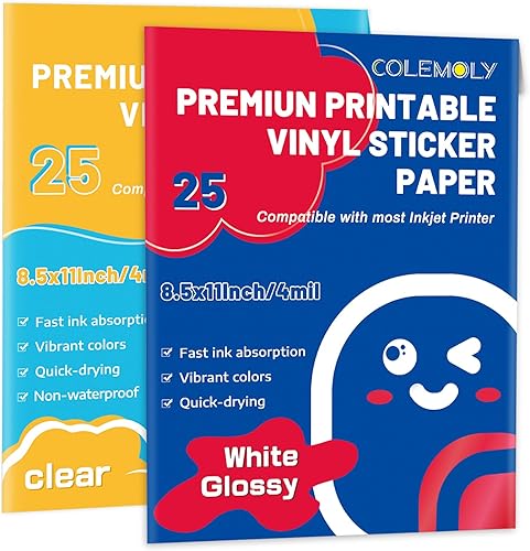 Papel adhesivo de vinilo imprimible 25 blanco brillante y 25 transparentes para impresora de inyección de tinta de 8.5 x 11 pulgadas para álbum de