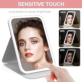 Kintion Travel Makeup Mirror, Portable LED Lighted Makeup Mirror, 360 Rotation Touch Screen Vanity Mirror, 60 LEDs, 3-Color Dimmable Lighting, Rechargeable Tabletop Folding Cosmetic Mirror, Pink