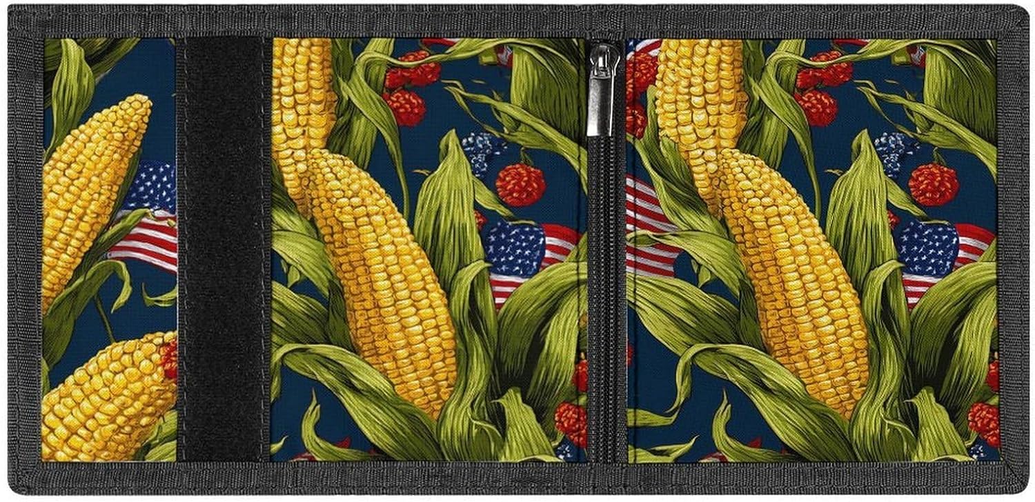 Corn And U.S. Flag Trifold Slim Wallet Front Pocket With Money Clip And ID Credit Card Slots For Travel Work