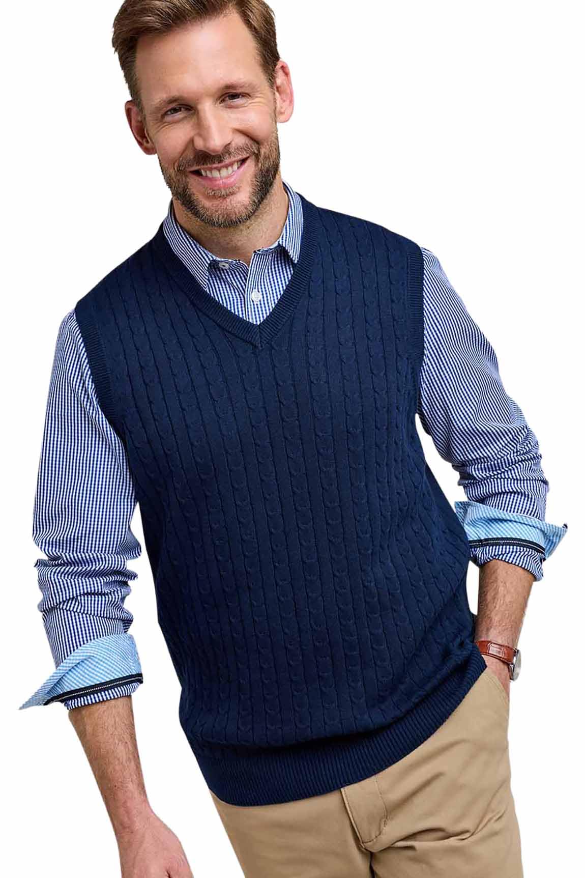Pegasus Men's Navy Luxury Cotton Cable Slipover, Soft Cable Knit Tank Jumper With Ribbed Hem & Cuffs, Smart Casual Knitwear Xxl