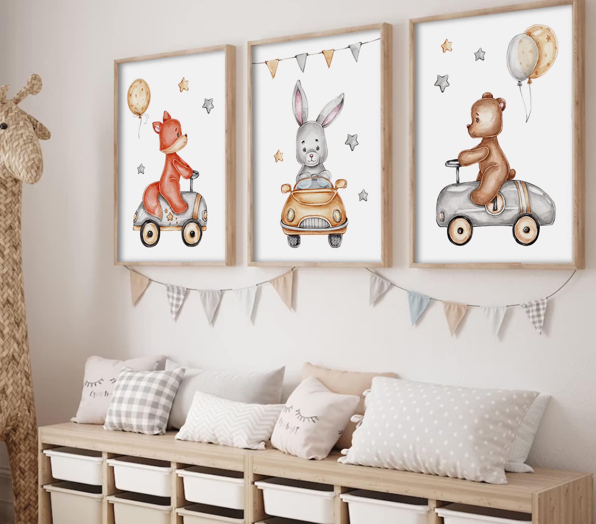 Lot 3 Affiches Animaux En Voiture - Déco Chambre Bébé Enfant 50x70 Cm, Posters Muraux Pastel Sans Cadre