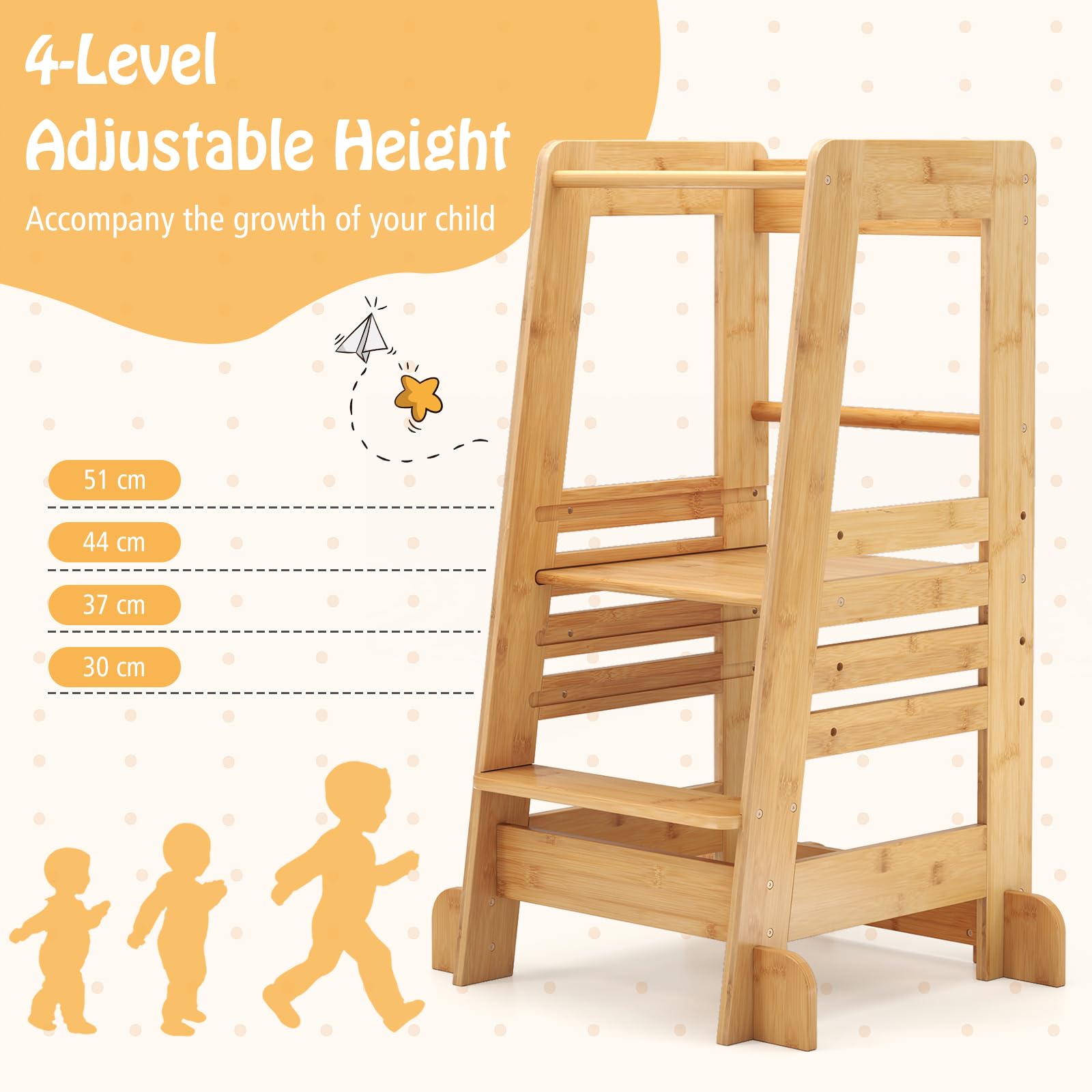 FANTASK Tritthocker Kinder aus Bambus, Lernturm höhenverstellbar mit Sicherheitsgeländer & rutschfestem Design, Montessori Trittleiter bis 70 kg belastbar für Küche & Bad, Natur